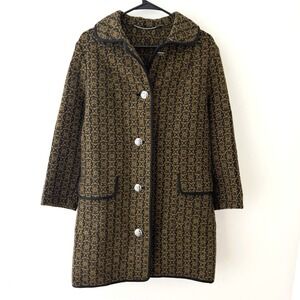 Vintage Austrian Boiled Wool Trachten Coat Womens 46 M L Brown Black Jacquard